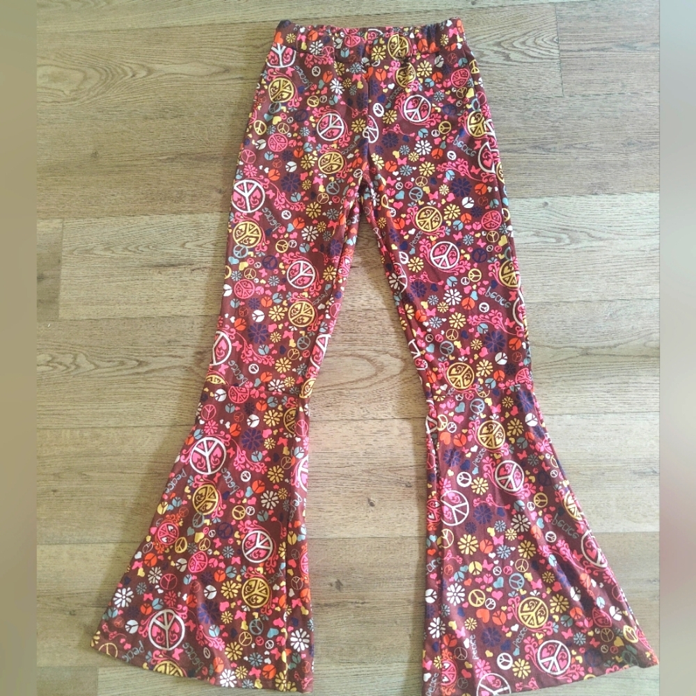 Floral Peace Sign Flared Bell Bottoms